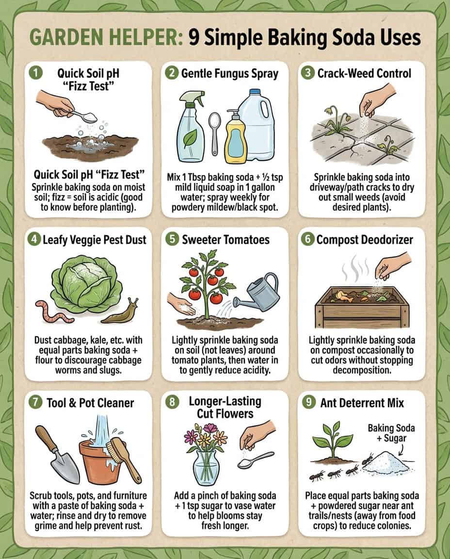 "Infographic displaying baking soda garden uses including pest control, fungicide, and soil testing methods ---"