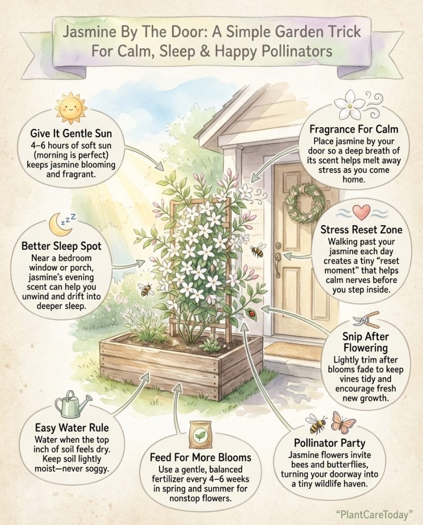 Jasmine plant infographic showing placement tips and mood-boosting scent benefits with brain receptor diagrams