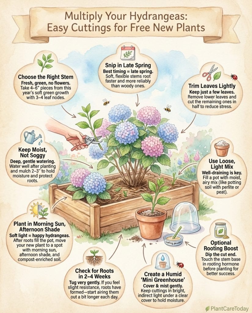 Hydrangea propagation infographic showing cutting preparation steps and rooting container setup