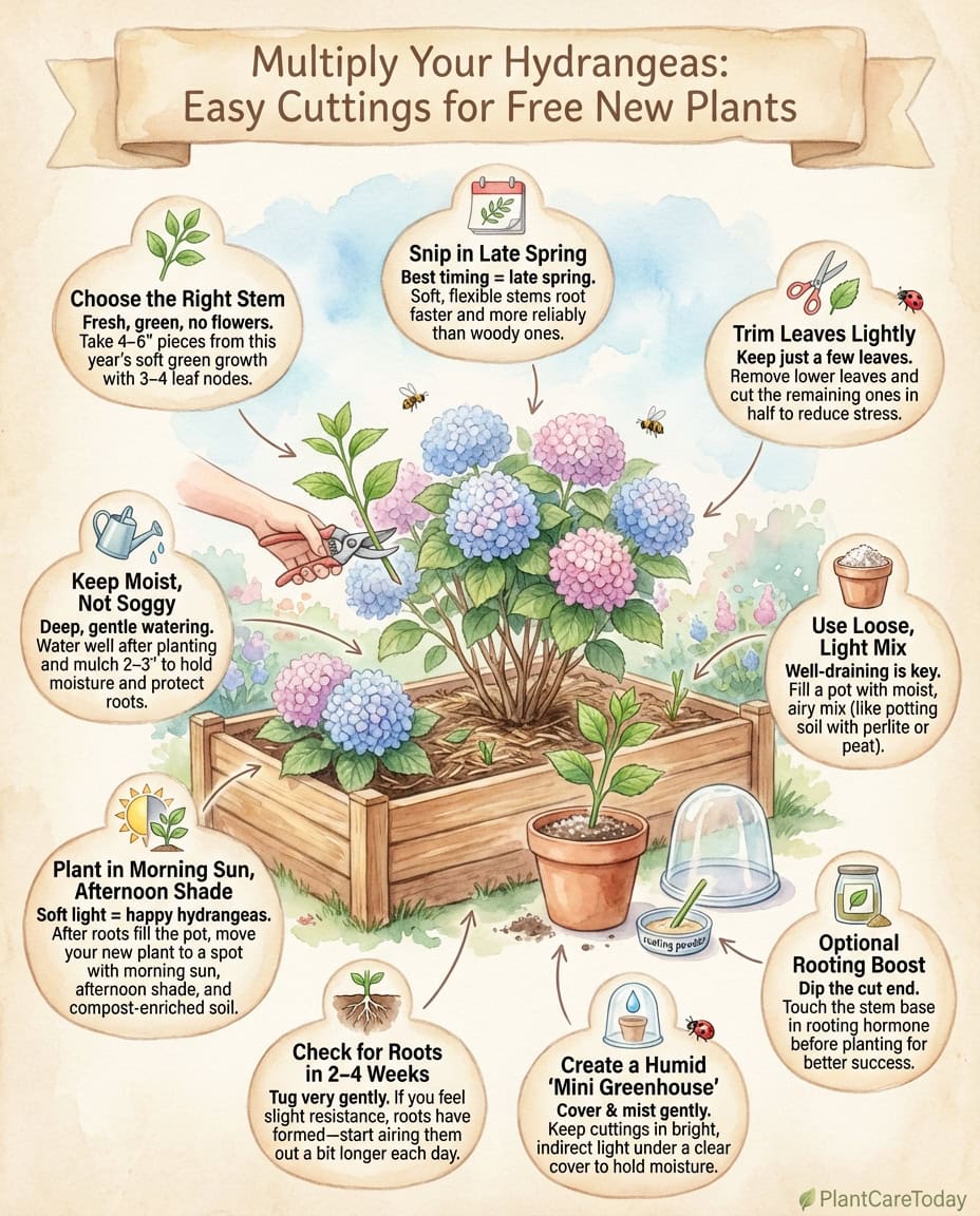 Hydrangea propagation infographic showing cutting preparation steps and rooting container setup