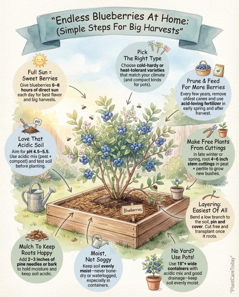Blueberry propagation infographic displaying three cutting methods with step-by-step visual instructions