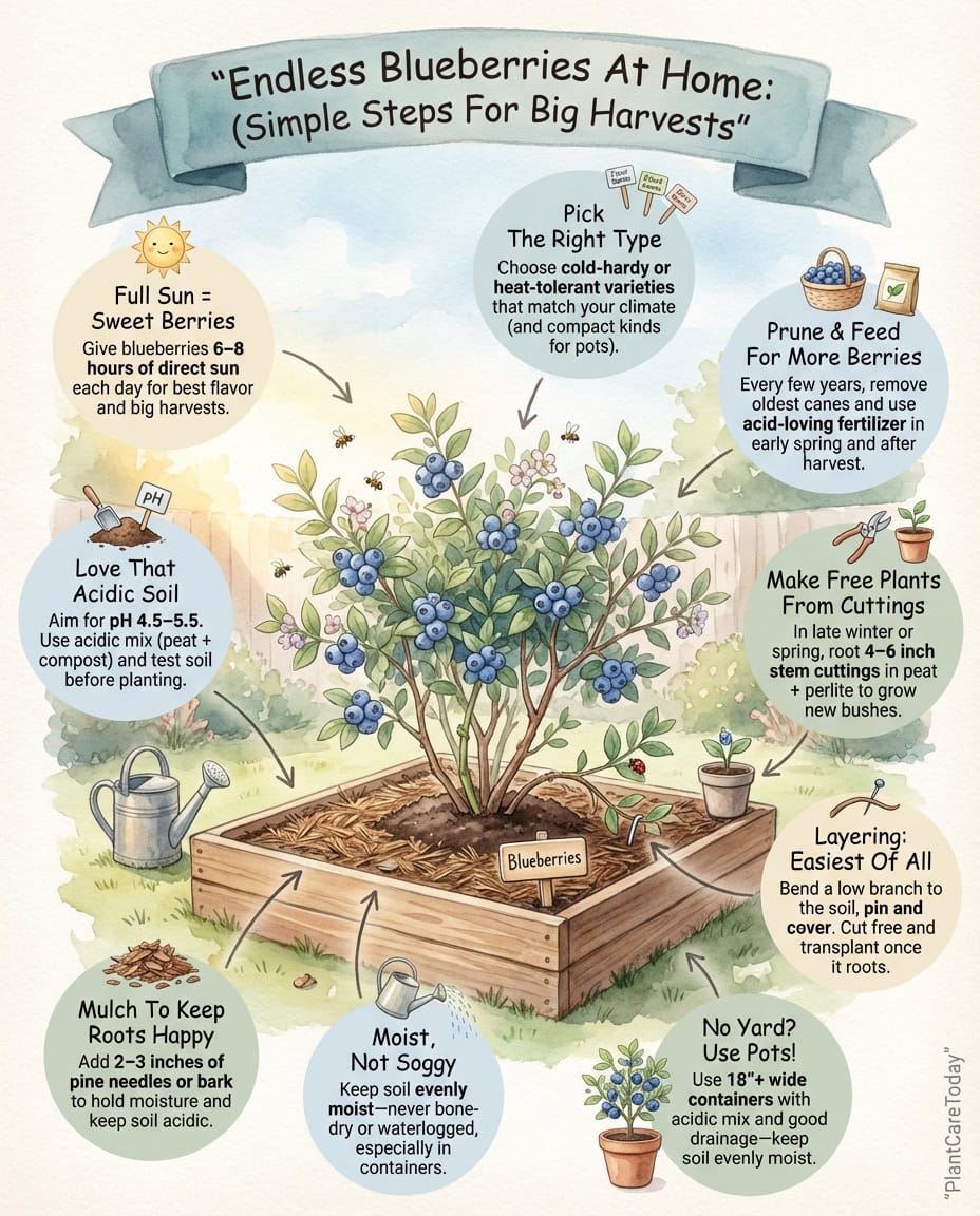 Blueberry propagation infographic displaying three cutting methods with step-by-step visual instructions