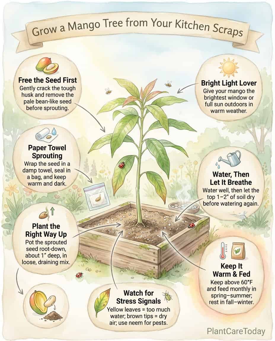 Mango pit germination infographic showing paper towel sprouting method with step-by-step photos