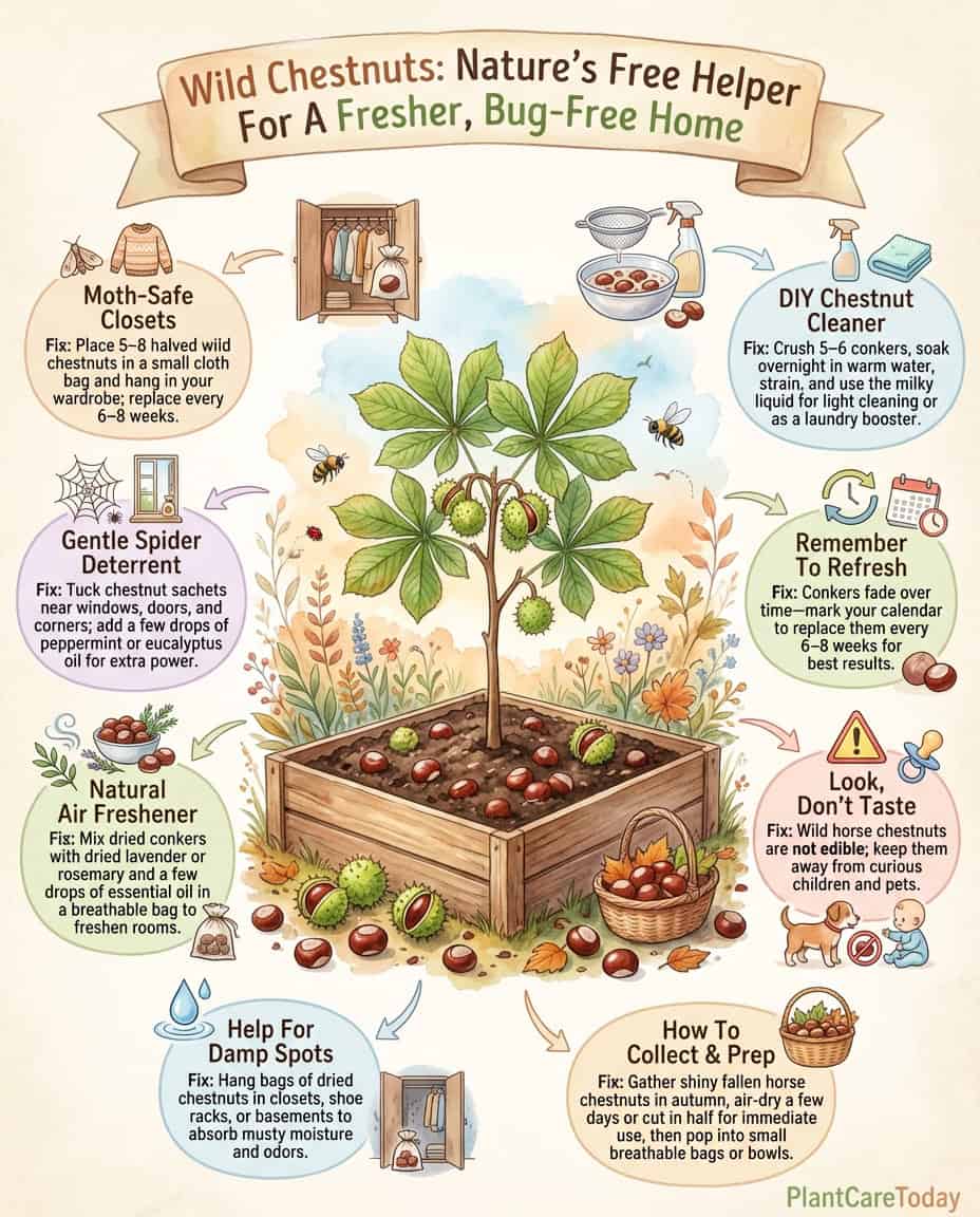 Infographic showing conker pest control methods with room-by-room household uses and placement tips
