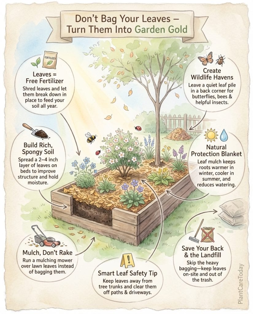 Leaf composting infographic showing methods to transform fallen leaves into nutrient-rich garden soil