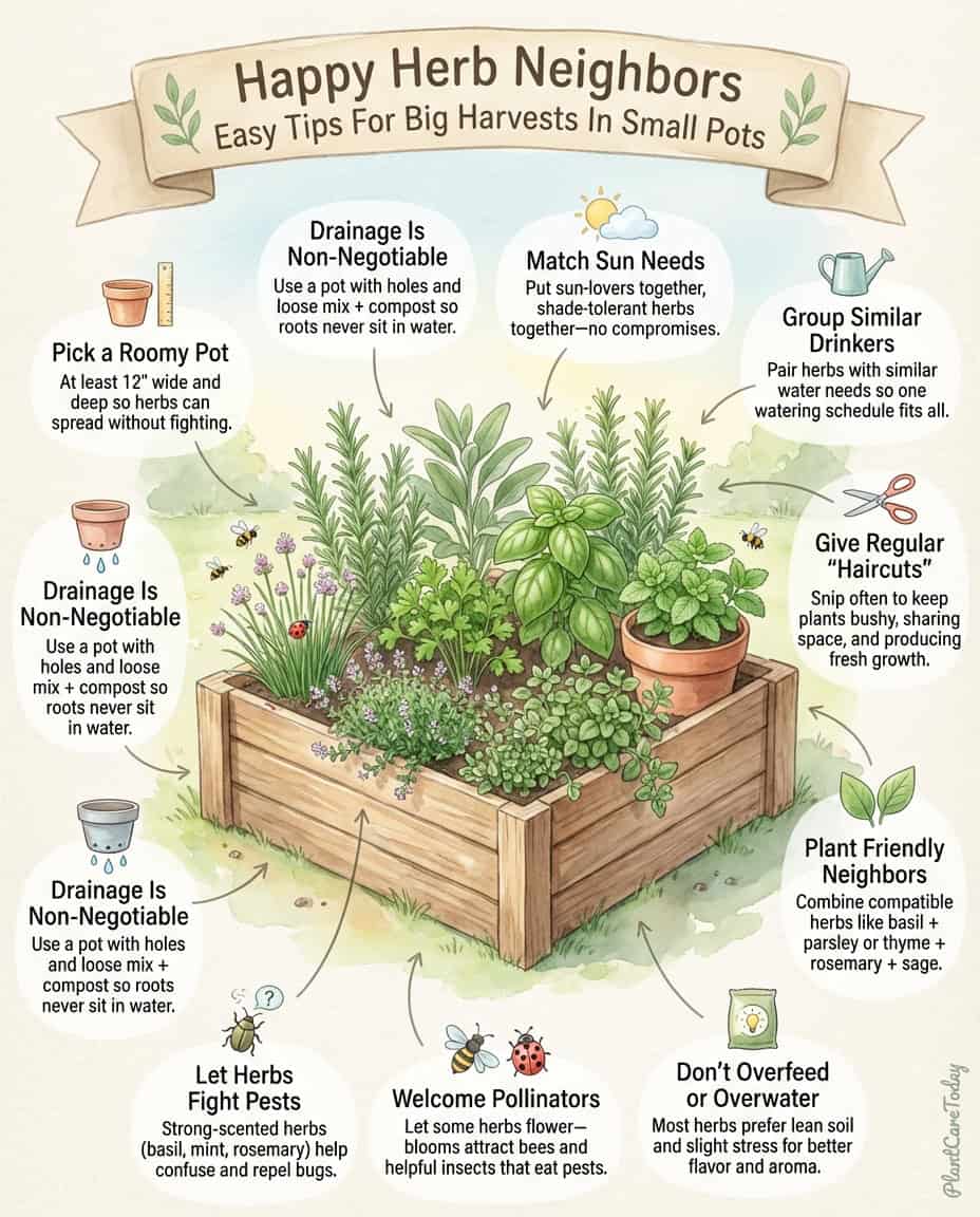 Infographic displaying ten companion herb pairings for container gardening with planting diagrams