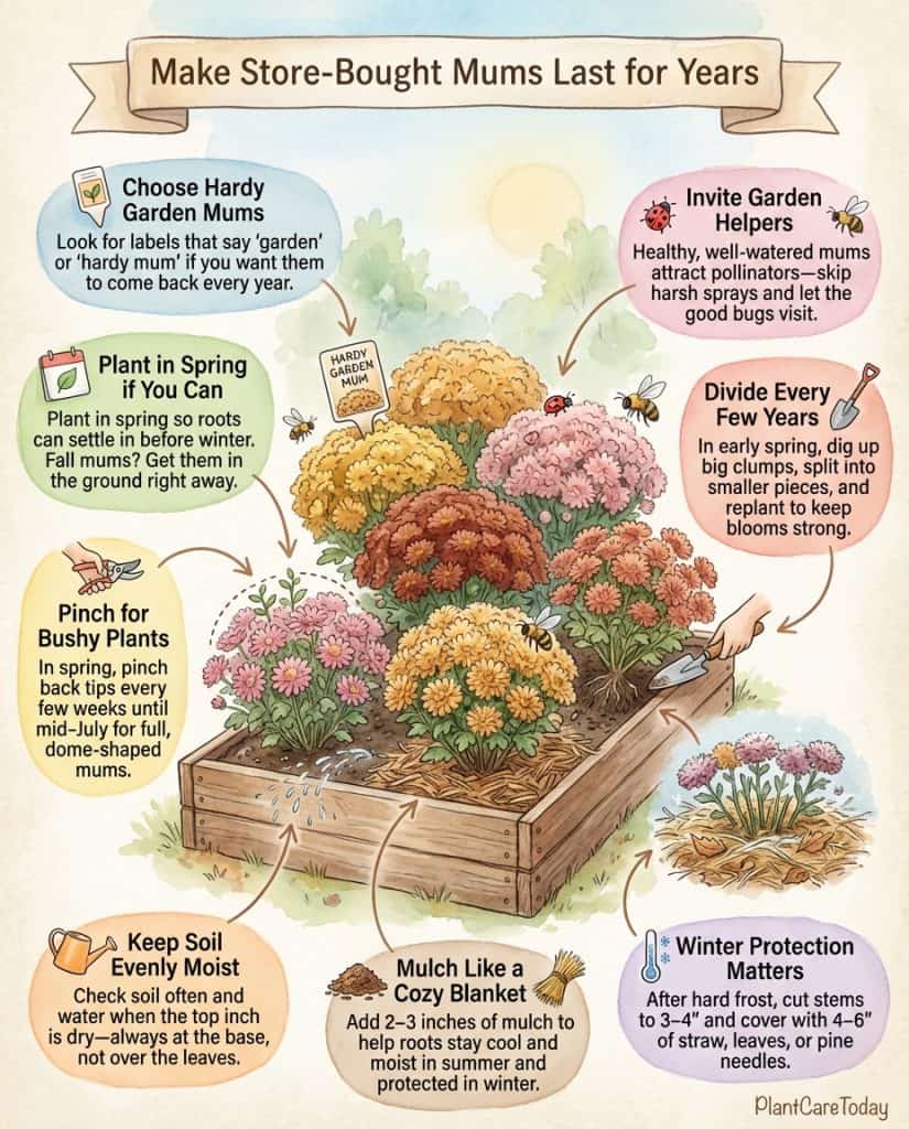 Chrysanthemum care infographic showing planting timeline and trimming technique for perennial growth