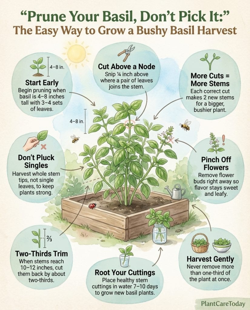Basil pruning infographic demonstrating stem-cutting technique with growth progression diagram