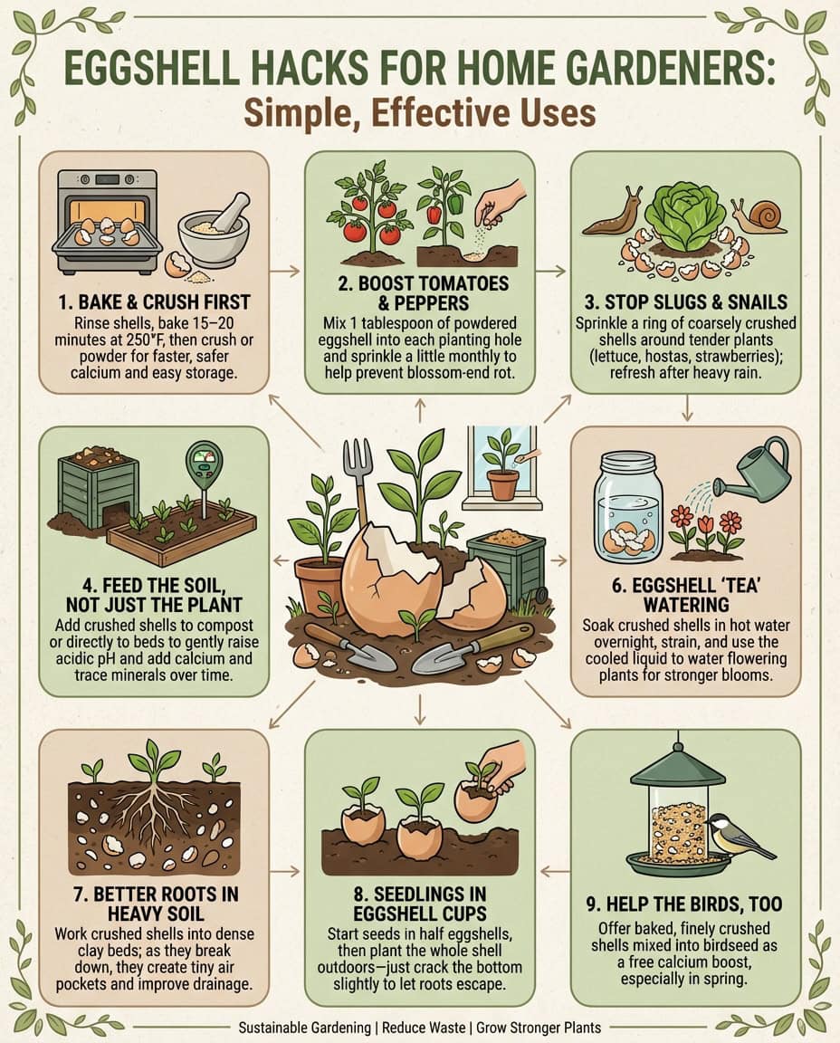 Infographic showing eggshell preparation methods for garden use with ten application techniques