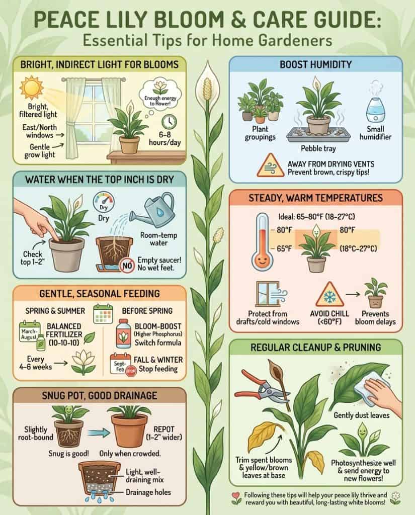 Peace lily care infographic showing light requirement levels and bloom response comparisons