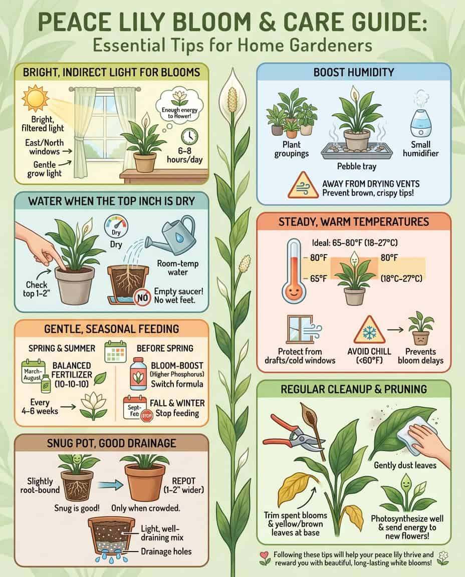 Peace lily care infographic showing light requirement levels and bloom response comparisons