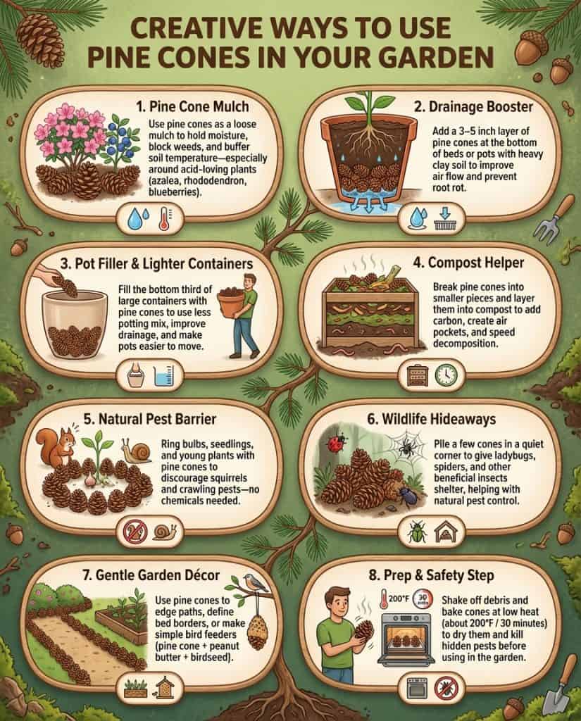 C_10176_dSsXV_pine-cone-garden-uses-f1 Infographic showing pine cone uses in gardening with drainage, mulch, and soil amendment examples