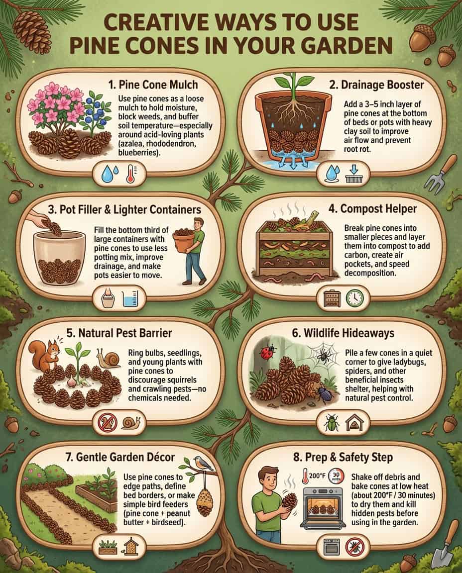 Infographic showing pine cone uses in gardening with drainage, mulch, and soil amendment examples