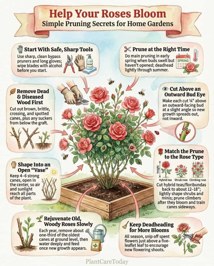 Rose pruning infographic showing correct cutting techniques and common errors with diagram examples