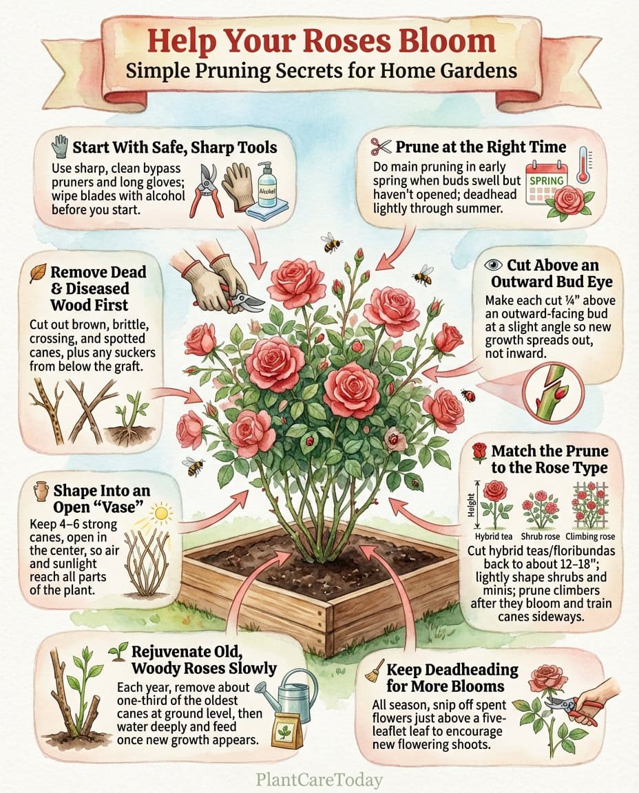 Rose pruning infographic showing correct cutting techniques and common errors with diagram examples
