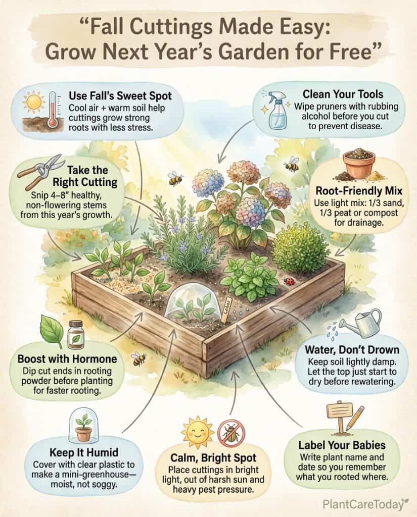Infographic showing fall plant propagation methods with thirteen plant varieties and rooting techniques