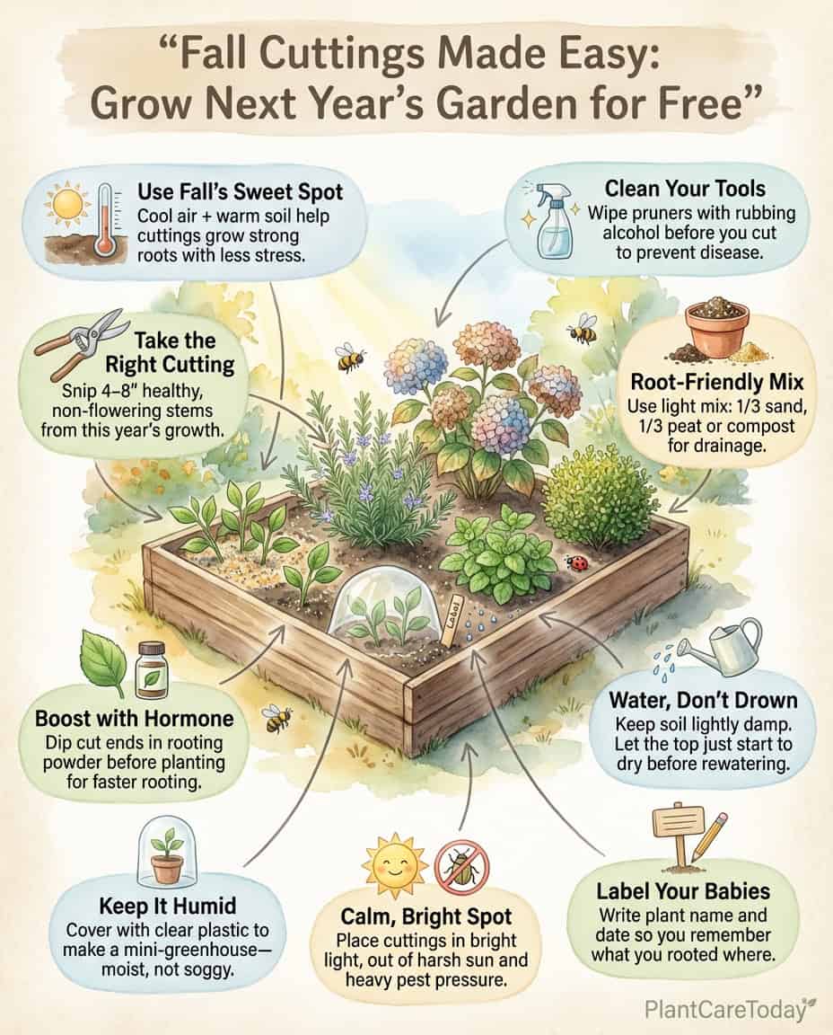 Infographic showing fall plant propagation methods with thirteen plant varieties and rooting techniques