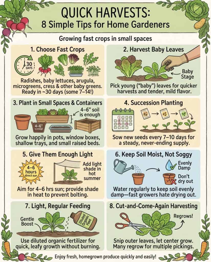 Infographic displaying 15 fast-growing vegetables with days-to-harvest timeline for each crop