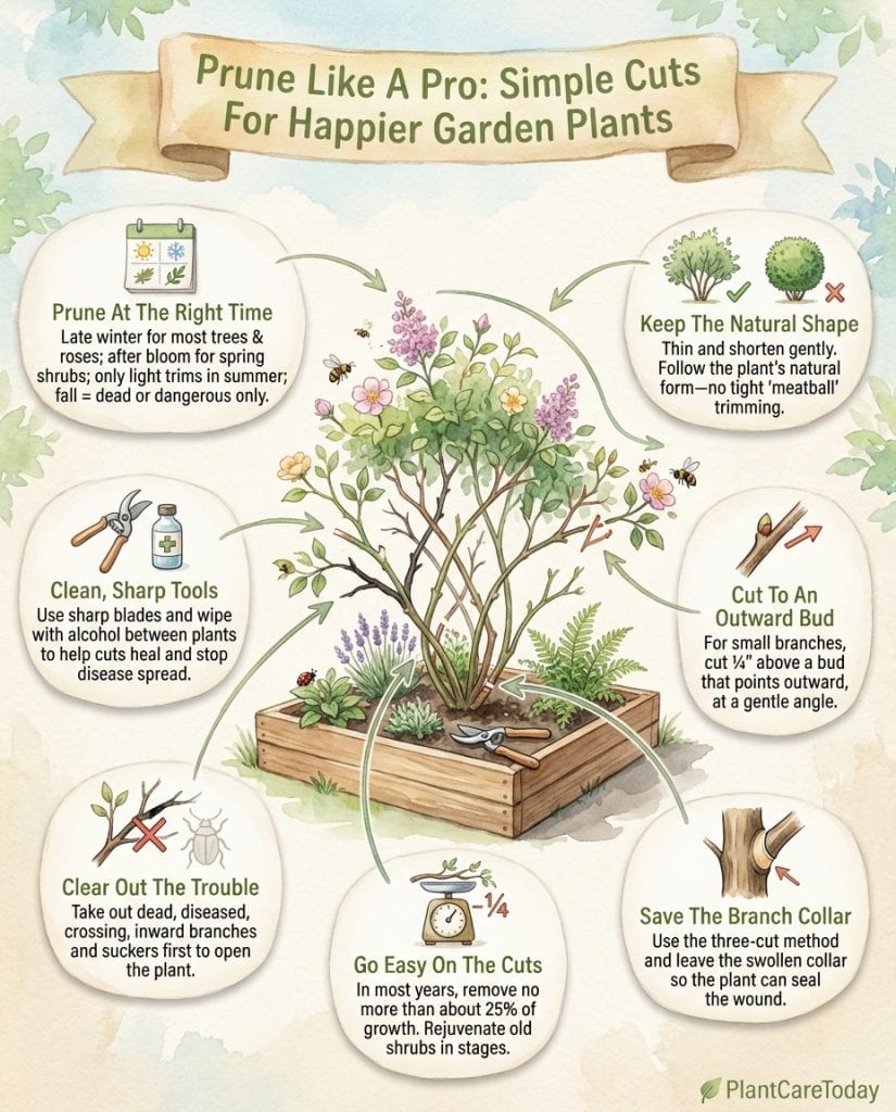 Pruning timing and technique infographic showing seasonal windows and proper cut placement methods