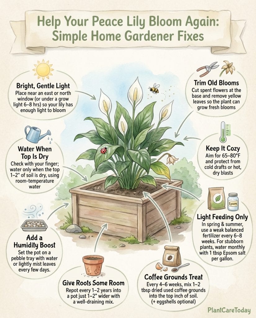 Peace lily care infographic showing flower blooming techniques and common care adjustments