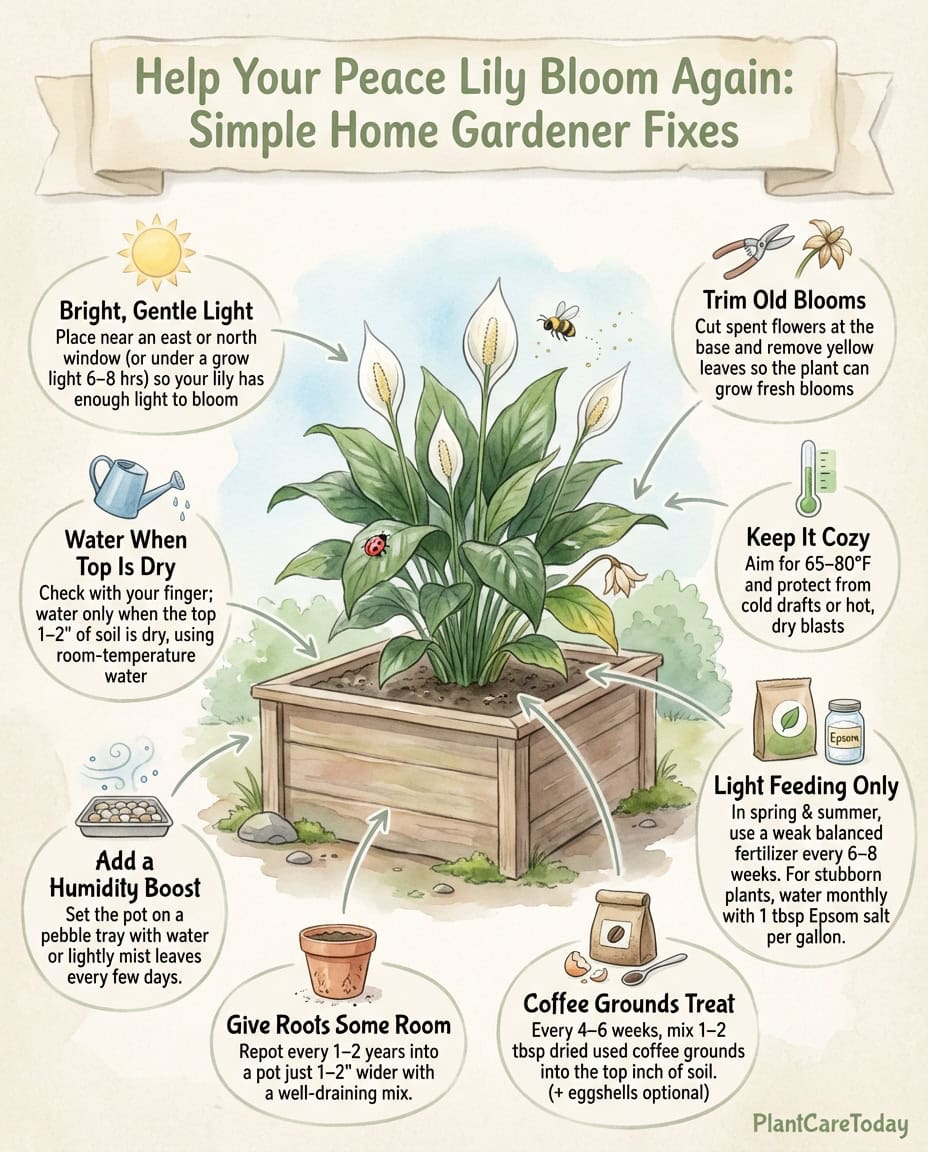 Peace lily care infographic showing flower blooming techniques and common care adjustments