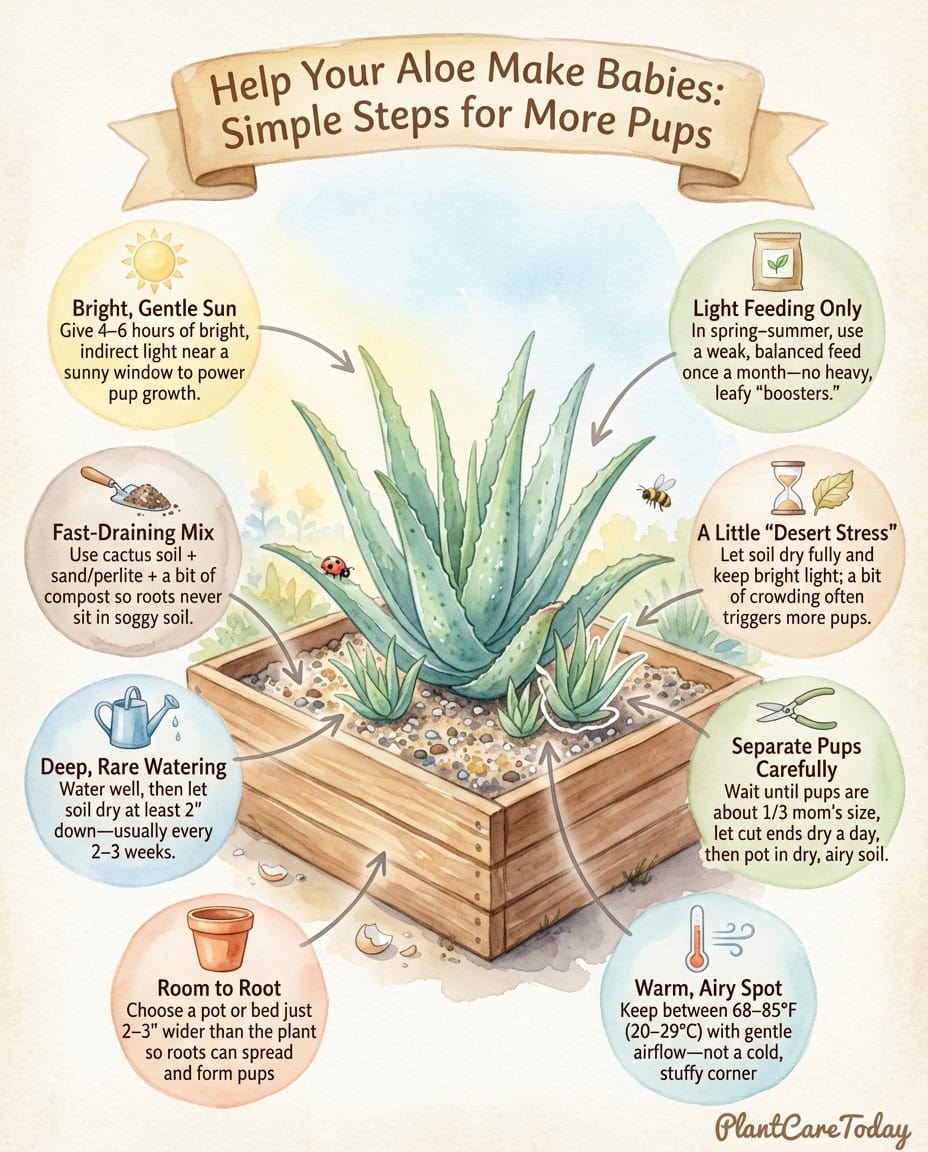 Aloe vera propagation infographic showing stress-inducing care methods for producing pups