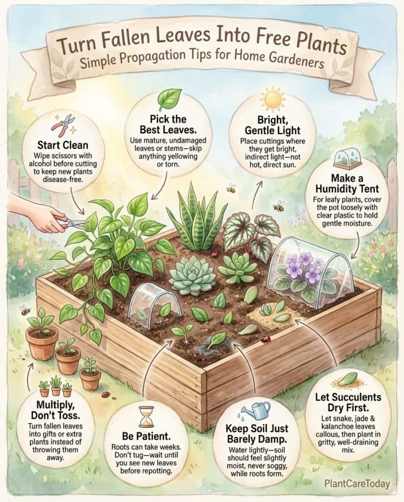 Infographic showing eight leaf propagation methods with plant identification and technique diagrams
