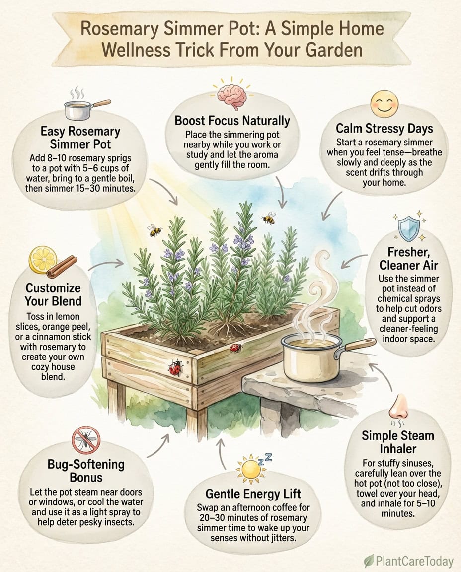 Infographic showing rosemary simmer pot preparation steps with health benefits and timing instructions