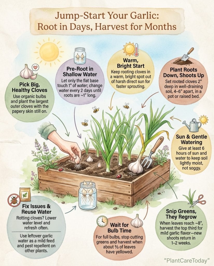 Garlic greens growing infographic showing water pre-rooting method with step-by-step windowsill setup guide