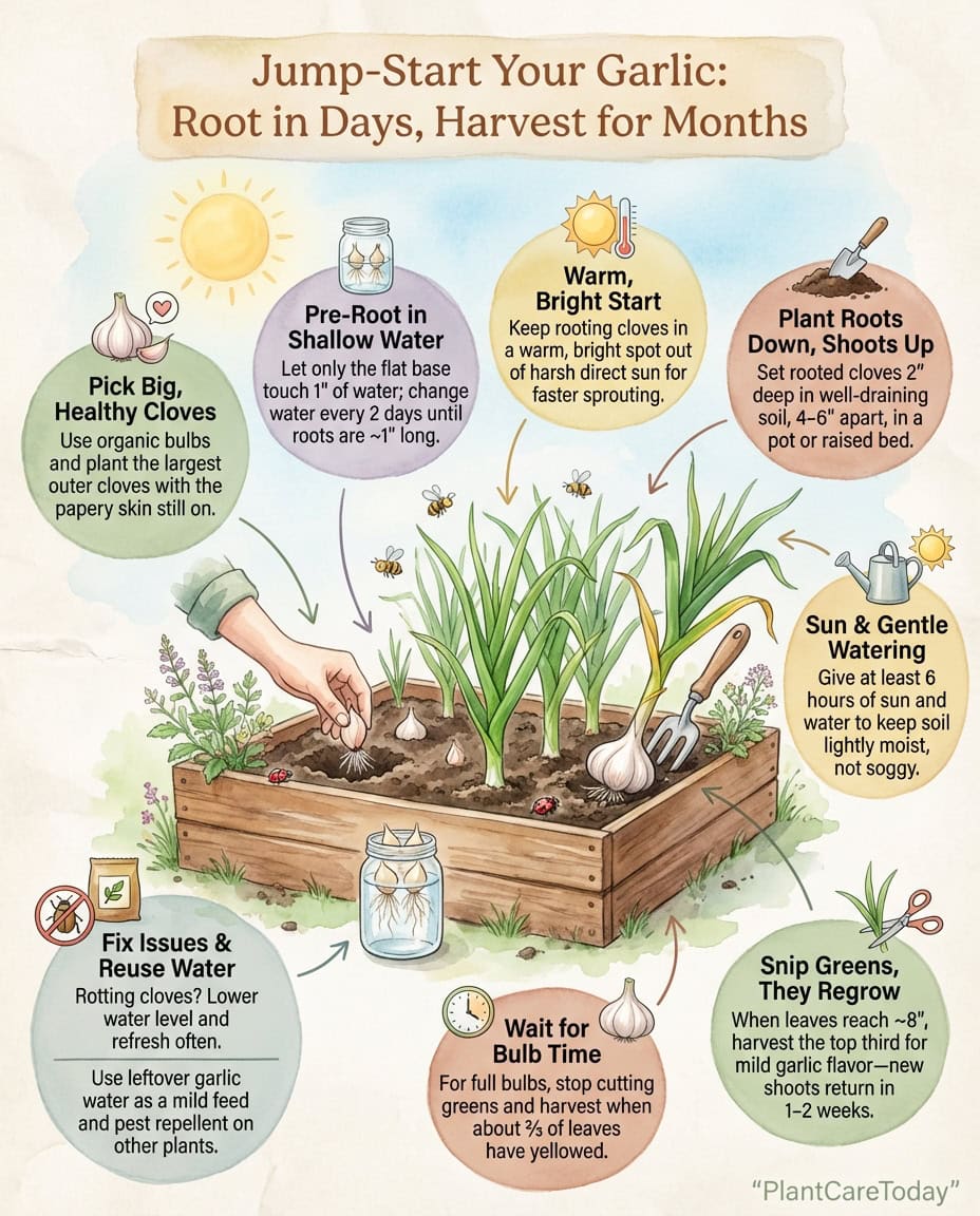 Garlic greens growing infographic showing water pre-rooting method with step-by-step windowsill setup guide