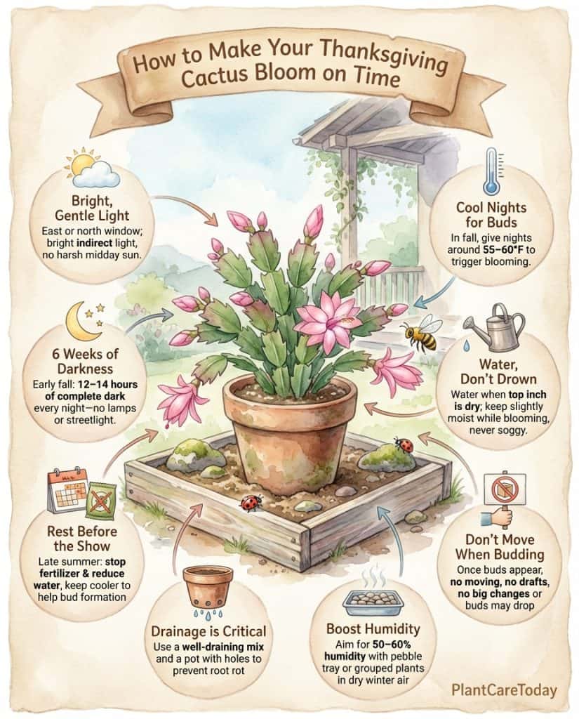 Thanksgiving cactus care infographic showing darkness requirements and bloom-triggering steps with visual timeline