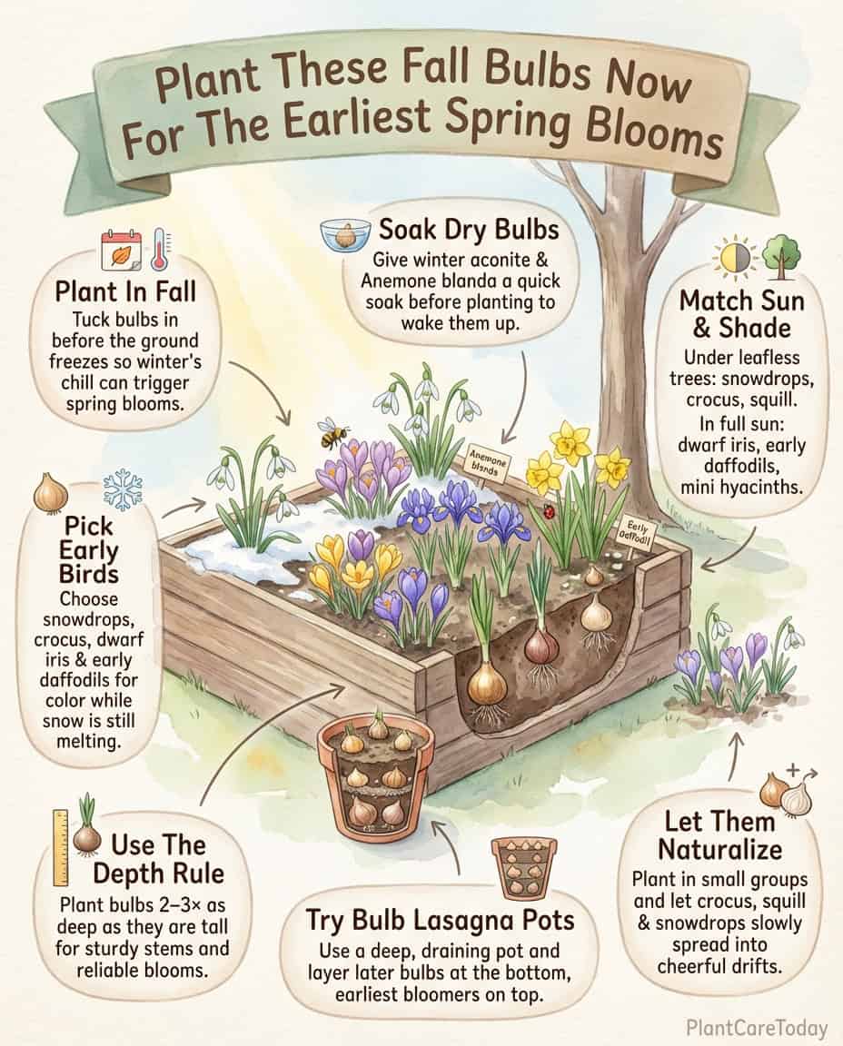 Infographic displaying ten early-blooming bulb varieties with fall planting timeline and bloom months
