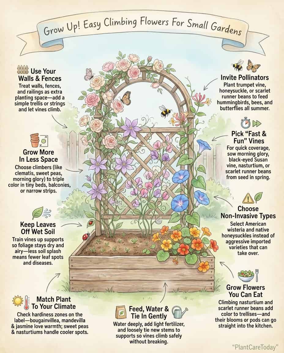 Infographic displaying twelve climbing flower varieties for vertical gardens with trellis examples