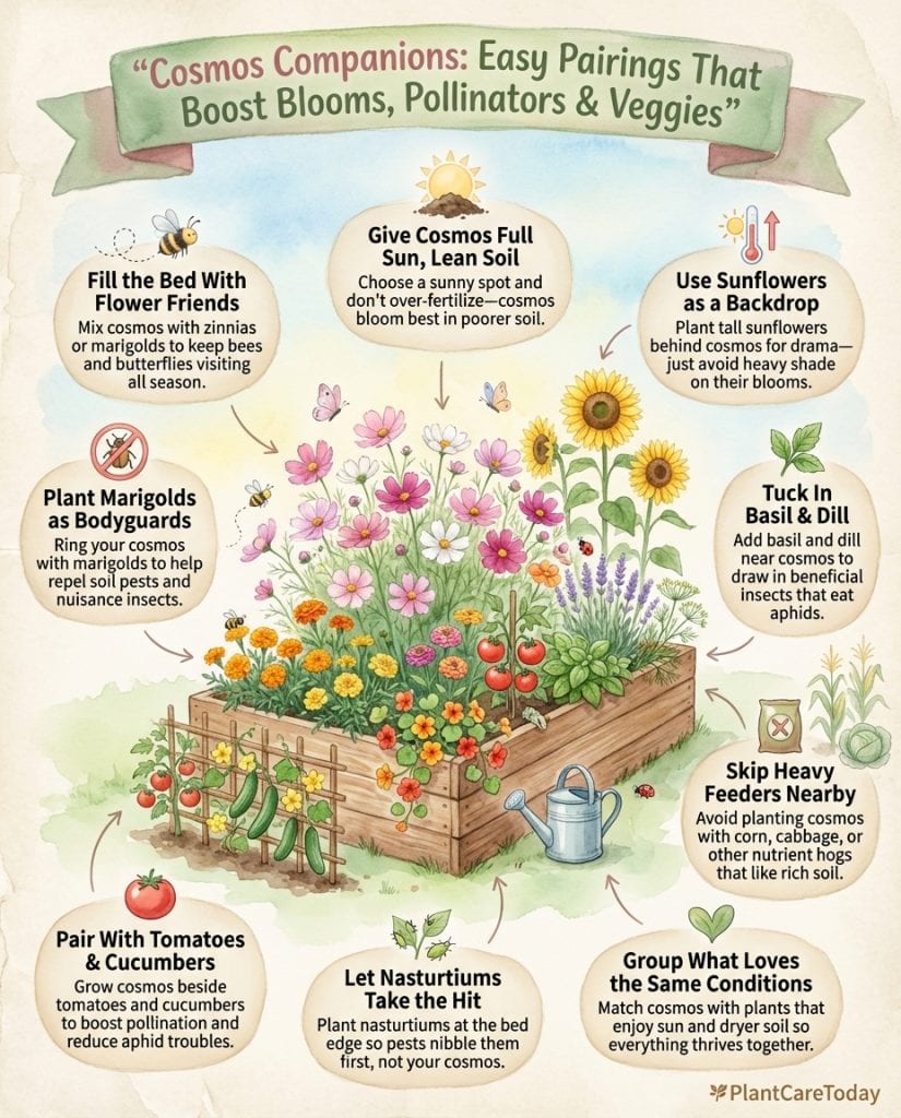 Infographic showing cosmos companion planting chart with beneficial and incompatible plant pairings