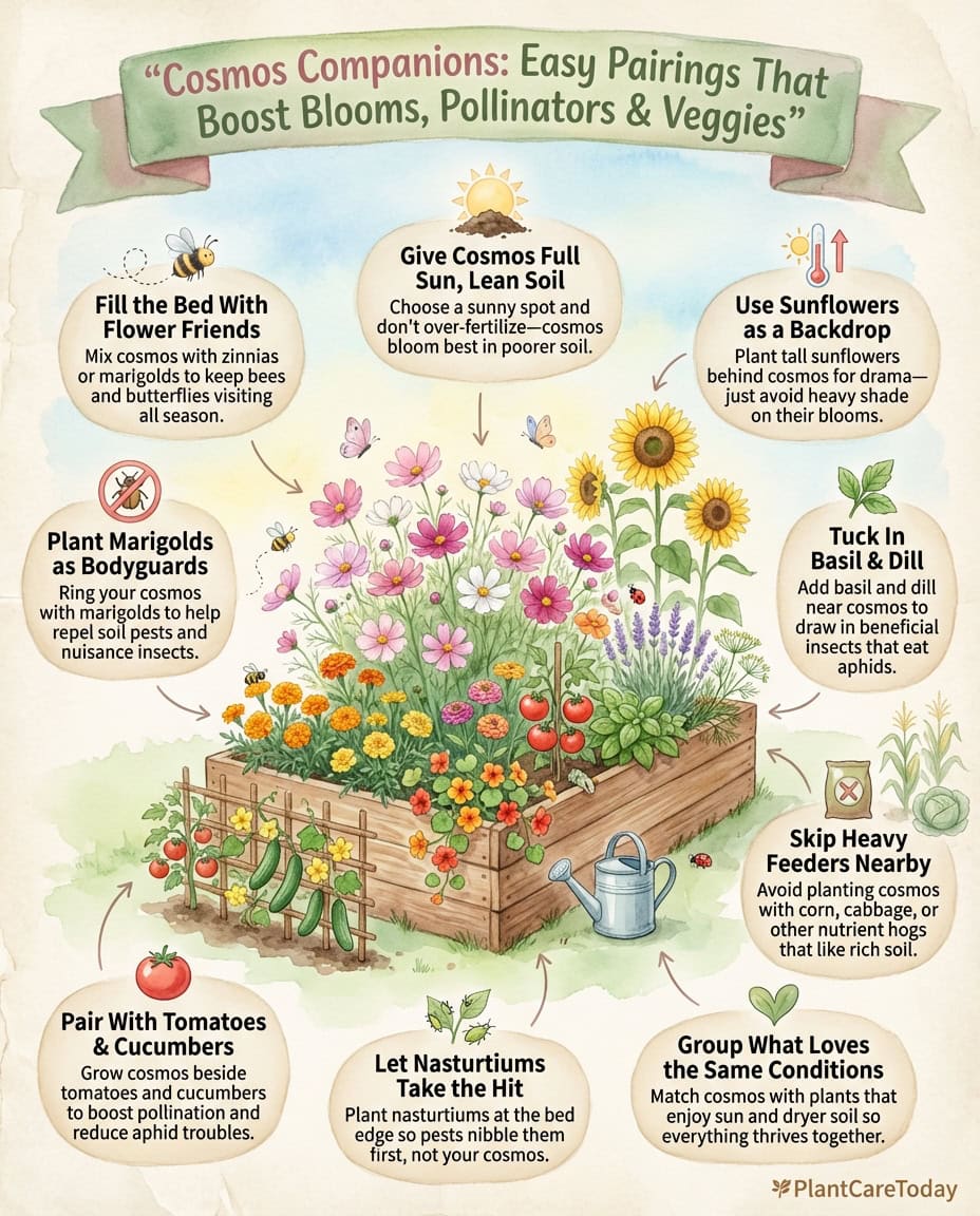Infographic showing cosmos companion planting chart with beneficial and incompatible plant pairings