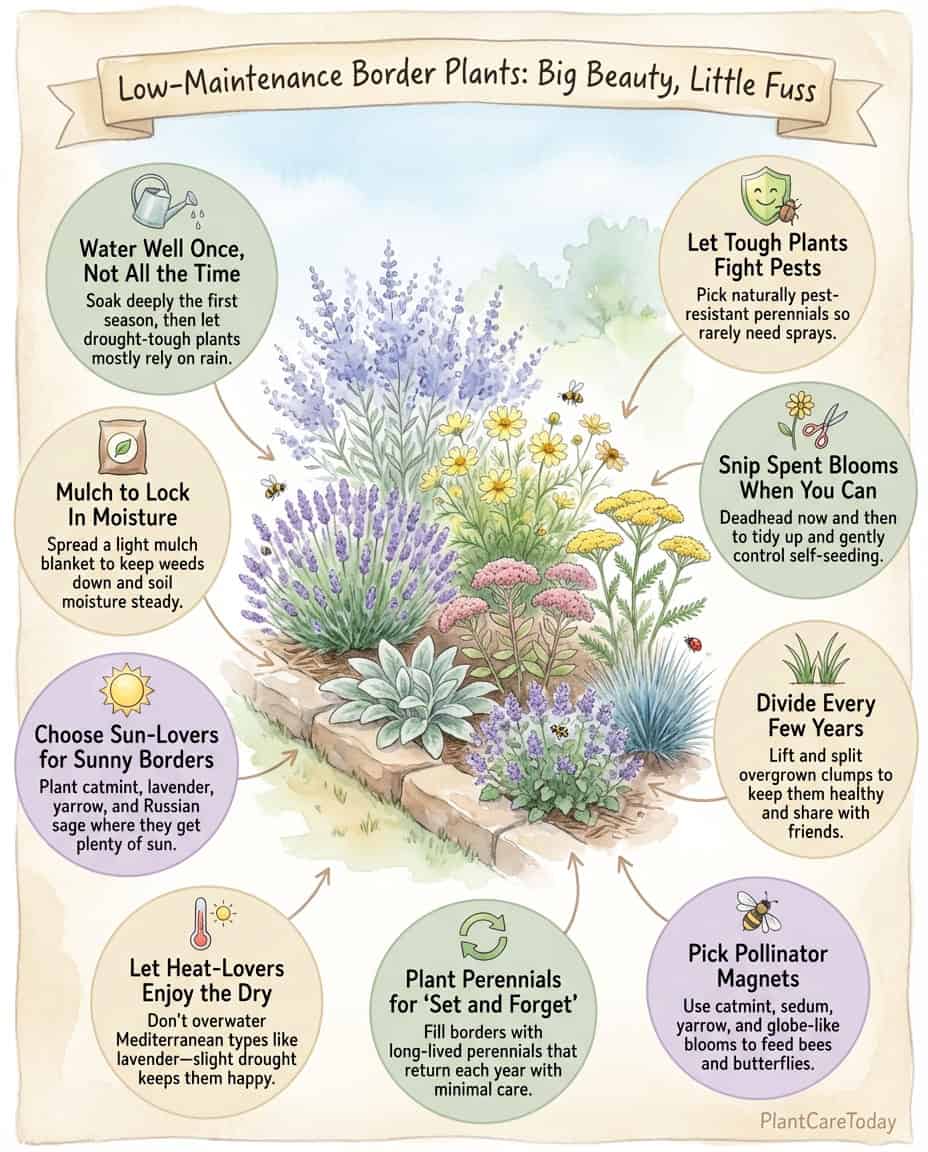 Infographic displaying low-maintenance perennial border plants with care requirement comparisons