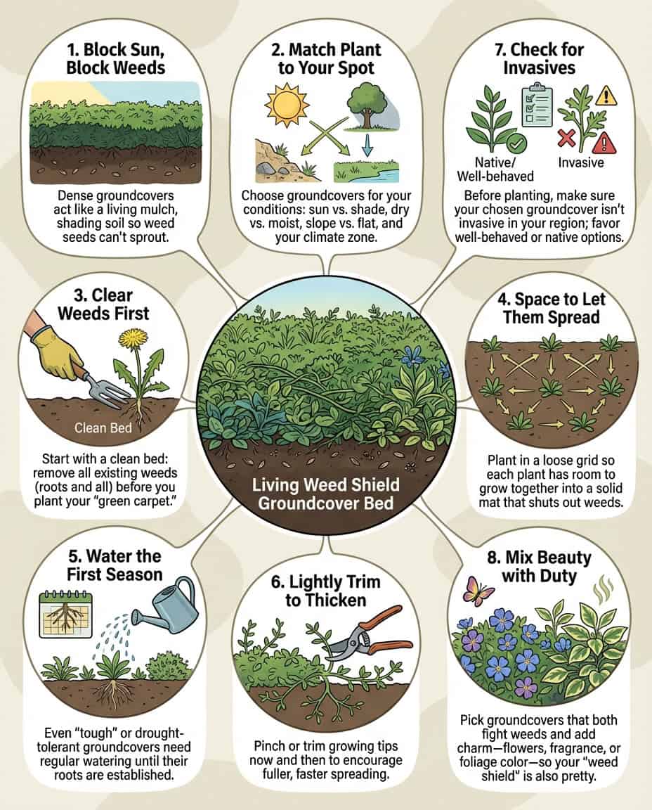 Groundcover plant infographic displaying twelve weed-suppressing varieties with coverage details