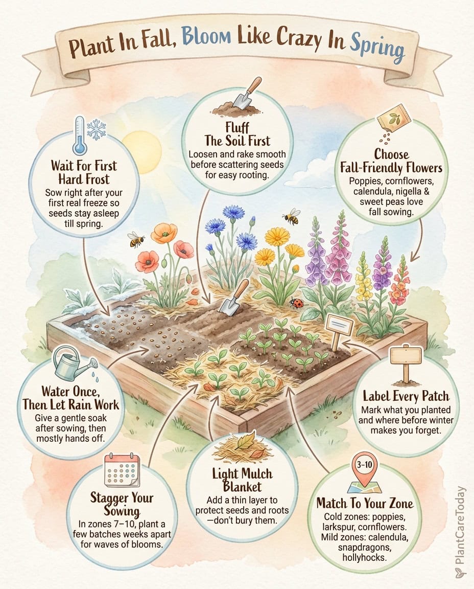 Fall flower seed planting infographic showing zone-specific varieties and planting techniques