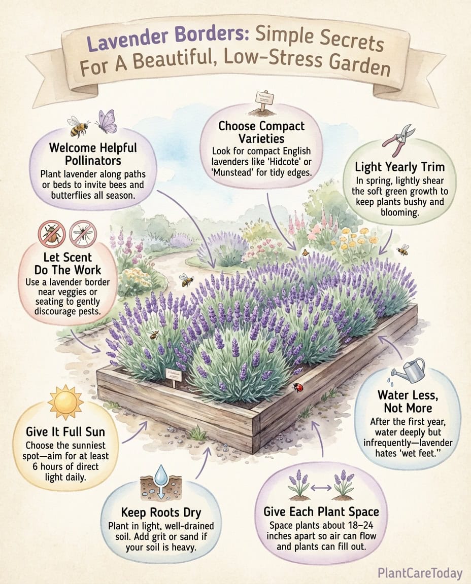Lavender border infographic displaying five benefits with garden layout examples and care requirements