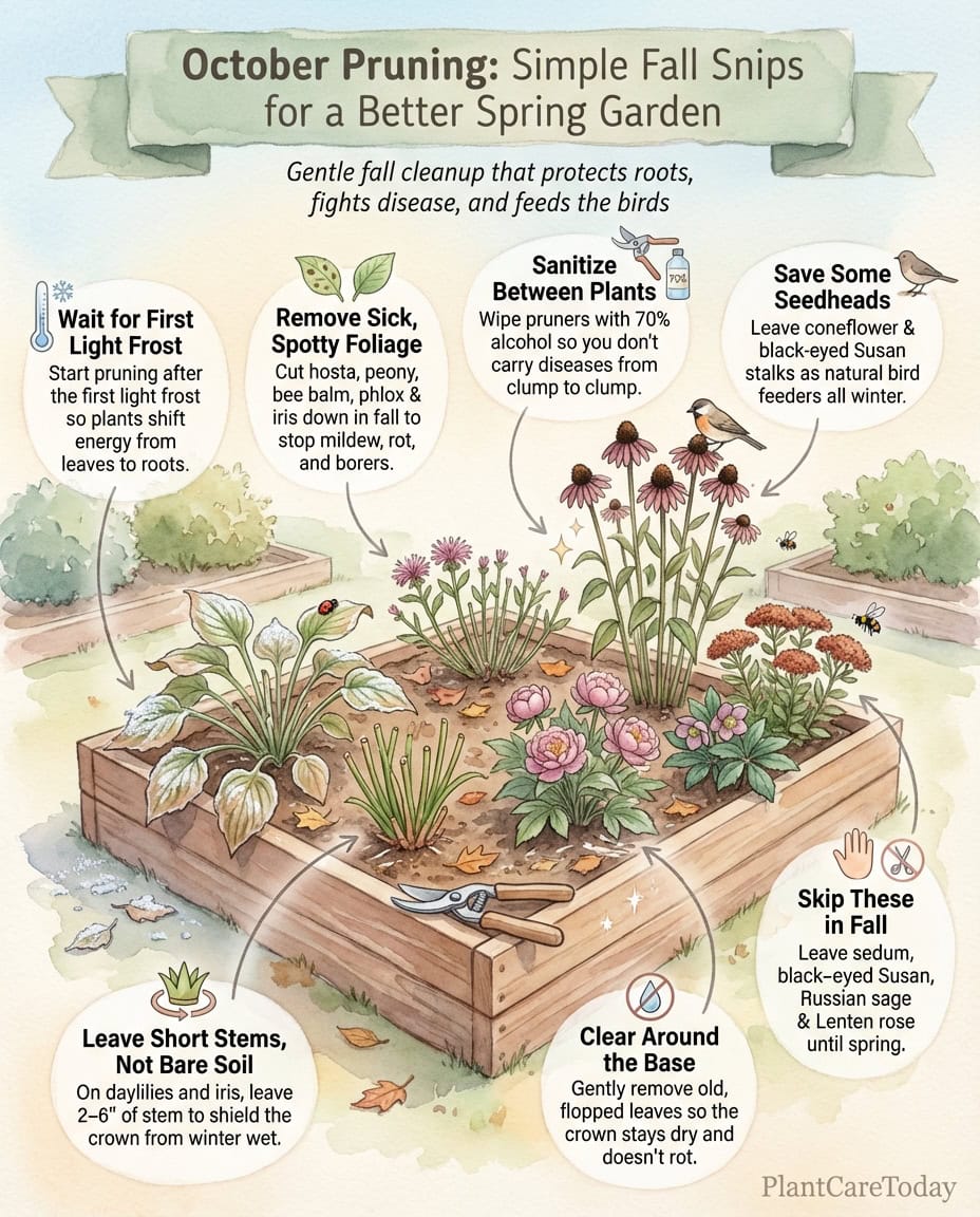 Infographic showing fall pruning guide for perennials with plant identification and cutting instructions