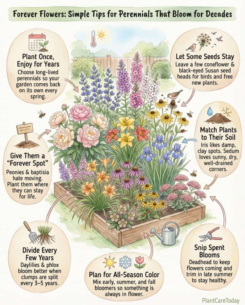 Infographic displaying nine long-lived perennial flowers with lifespan expectations and care requirements