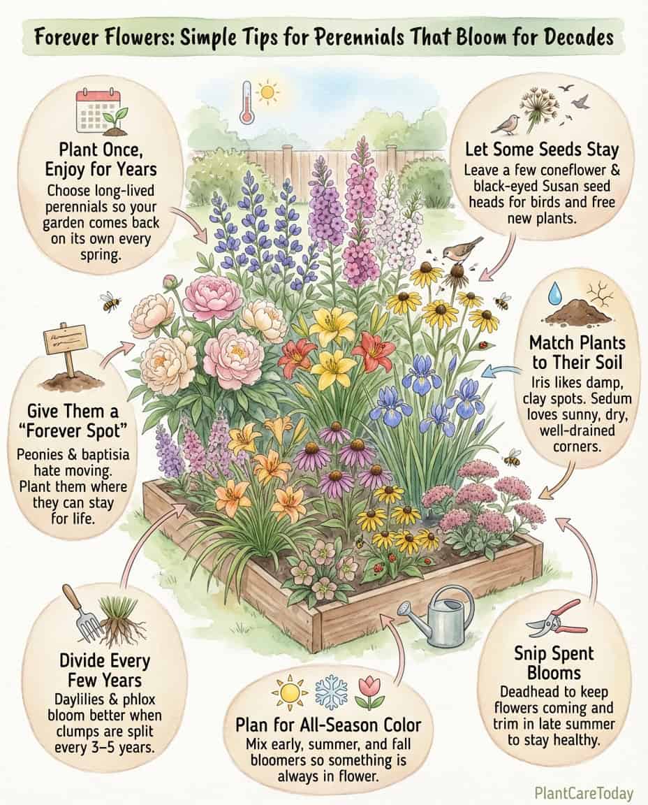 Infographic displaying nine long-lived perennial flowers with lifespan expectations and care requirements