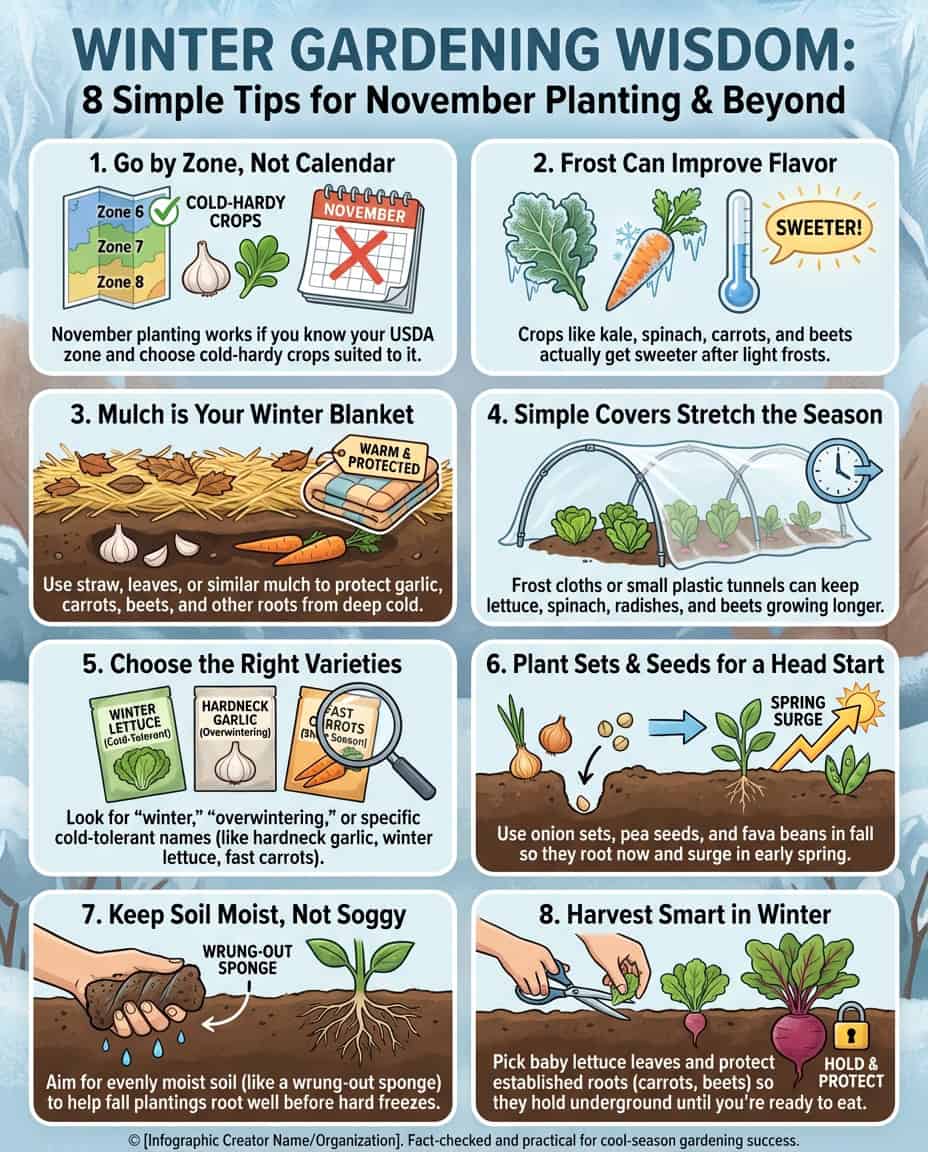 Infographic displaying 11 cold-hardy vegetables for November planting with frost tolerance details