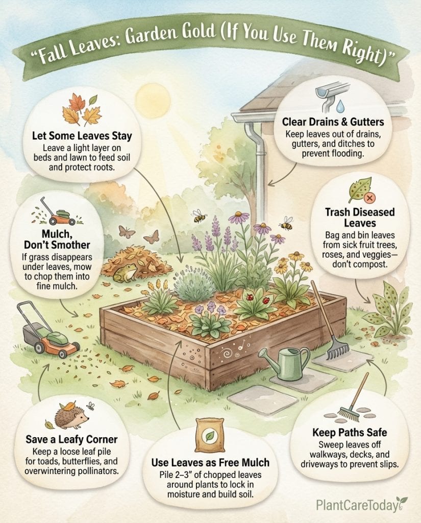 Infographic showing leaf mulching benefits and methods for garden soil improvement