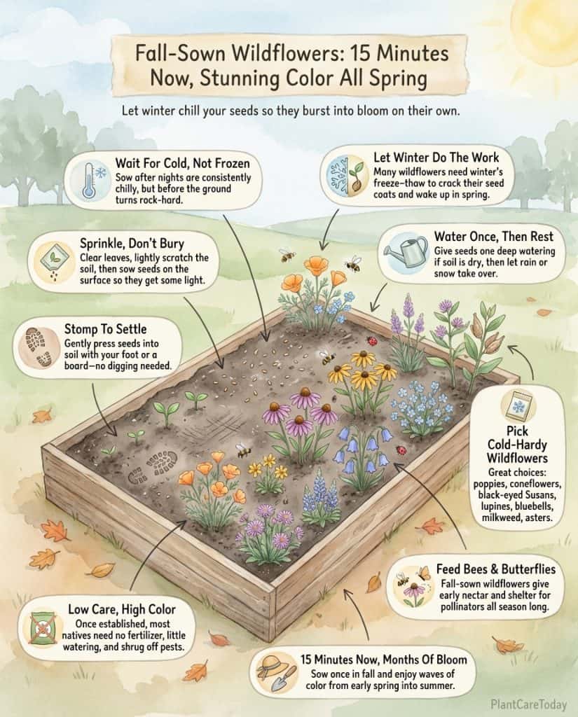 Wildflower seed infographic showing winter sowing timeline and cold stratification process