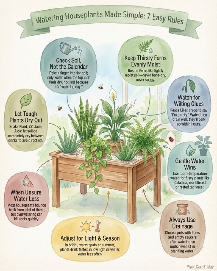 Infographic displaying watering schedules for twenty common houseplants with frequency guidelines