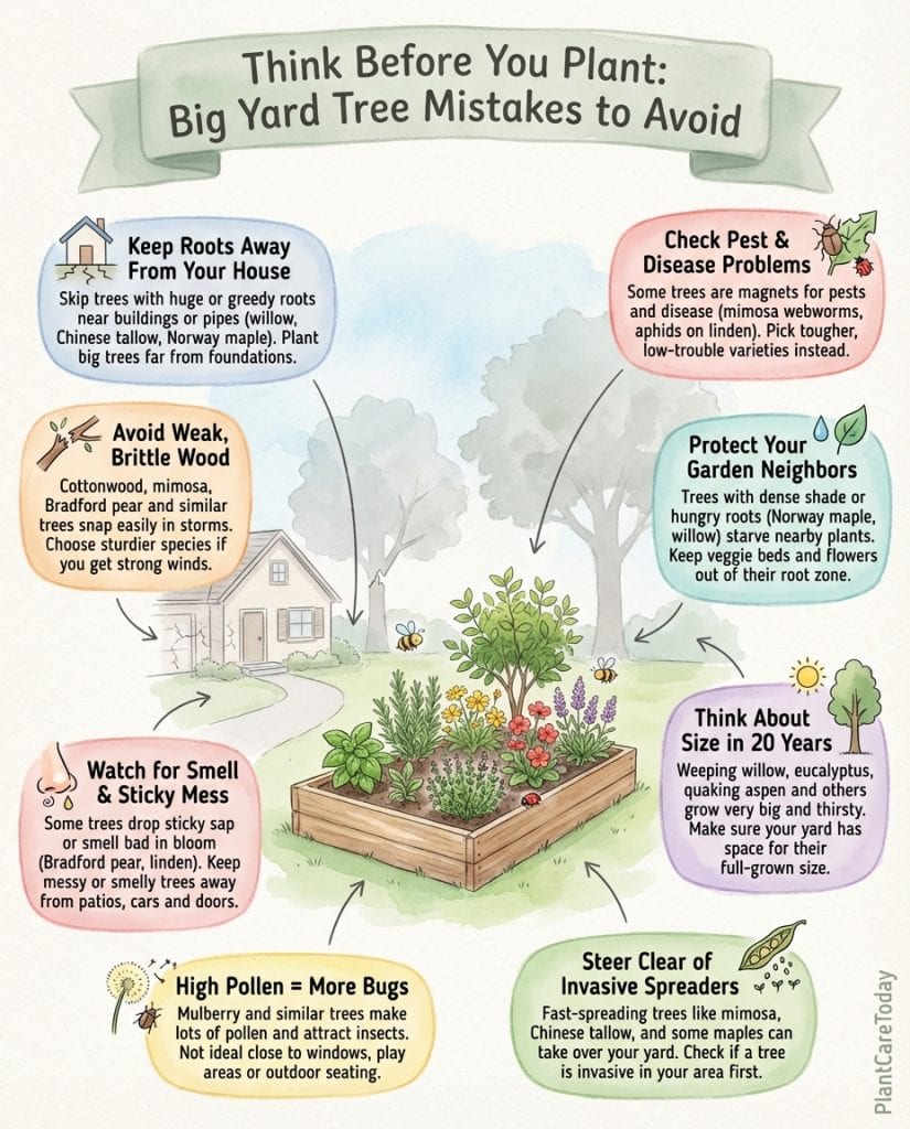 Infographic displaying problematic shade trees with icons showing common issues like root damage and maintenance needs