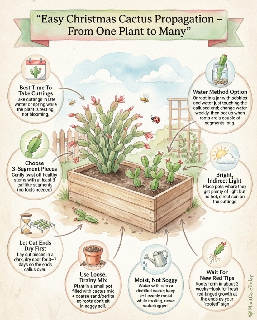 Christmas cactus propagation infographic showing hand-twisting cutting method and growth timeline steps