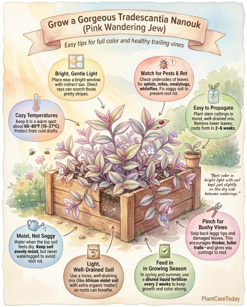 C_10367_FALwb_tradescantia-nanouk-care-guide-f1 Tradescantia Nanouk care infographic showing light requirements and common color-fading issues with plant photos