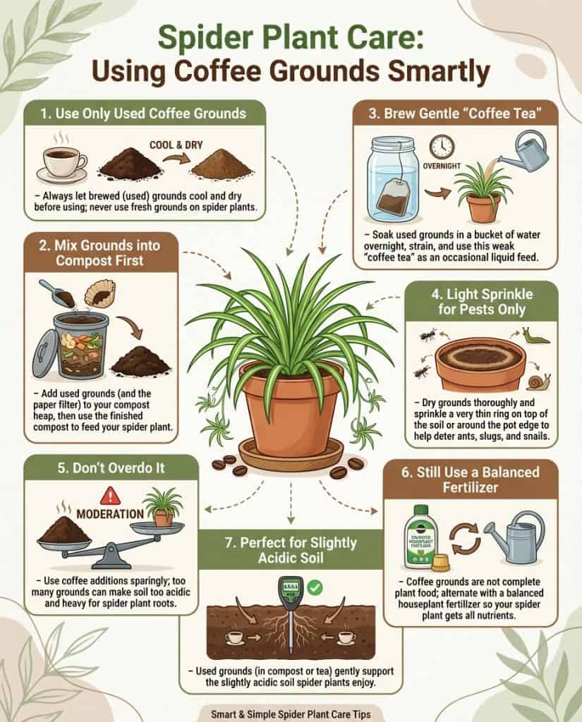 Infographic showing proper coffee ground application methods for spider plants with step-by-step visuals